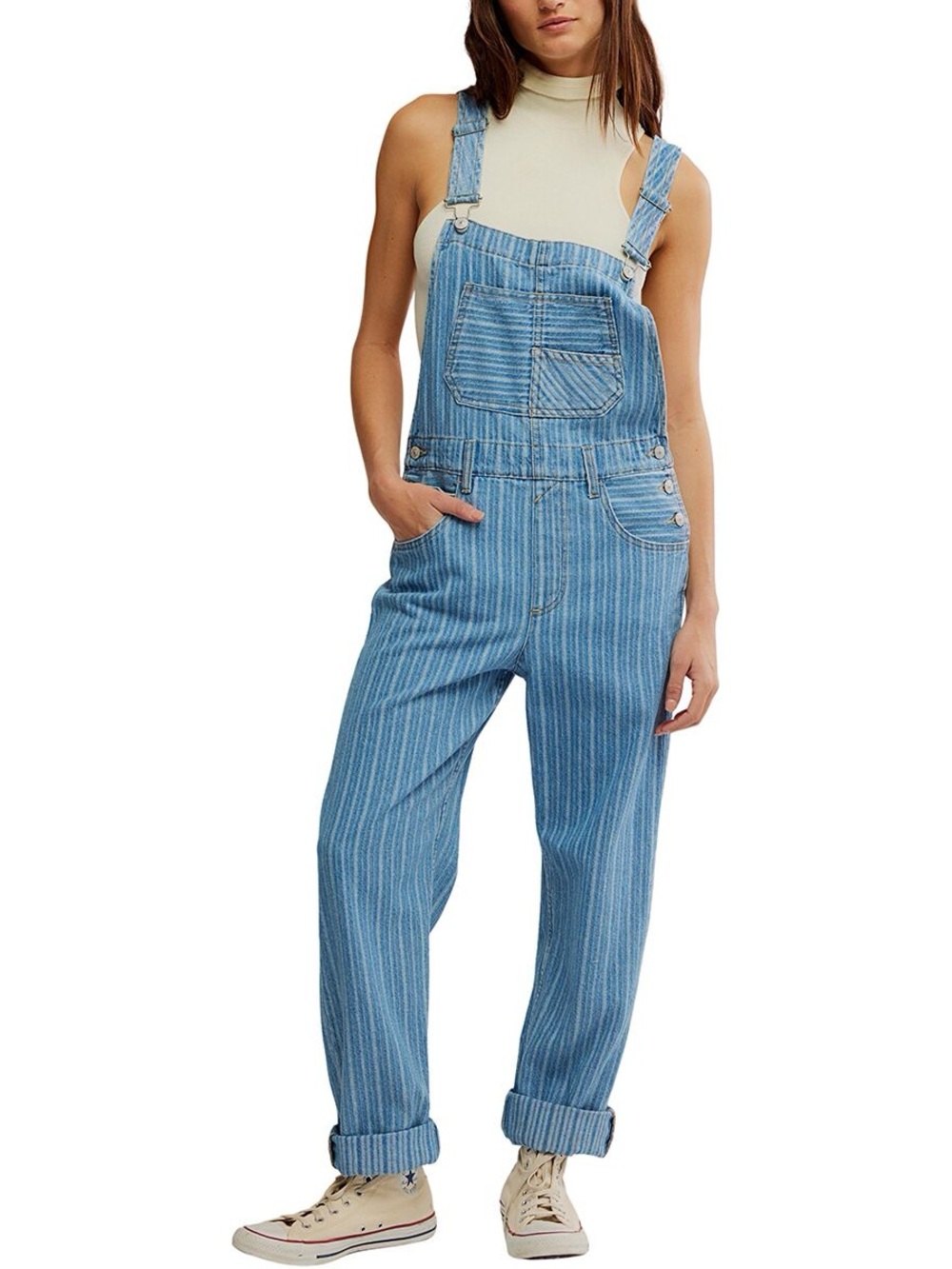 We The Free Ziggy Striped Railroad Denim 100% Cotton Overalls- Sz Large